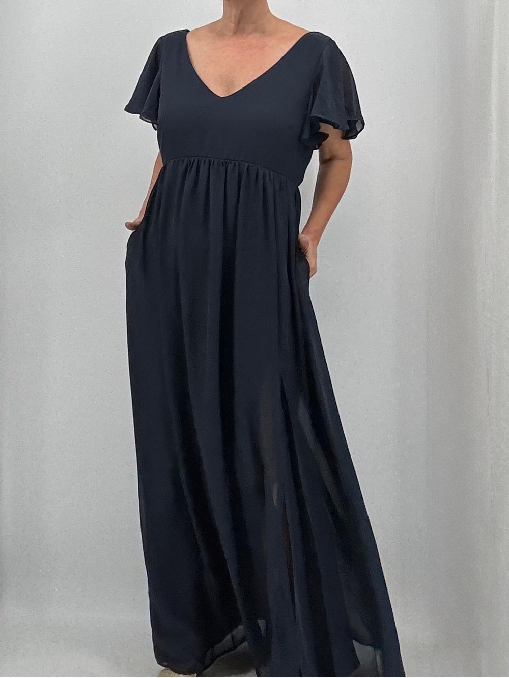 Birdie Grey Hannah Chiffon Flutter Sleeve Navy Blue Bridesmaid Wedding Gown - Picture 3 of 10